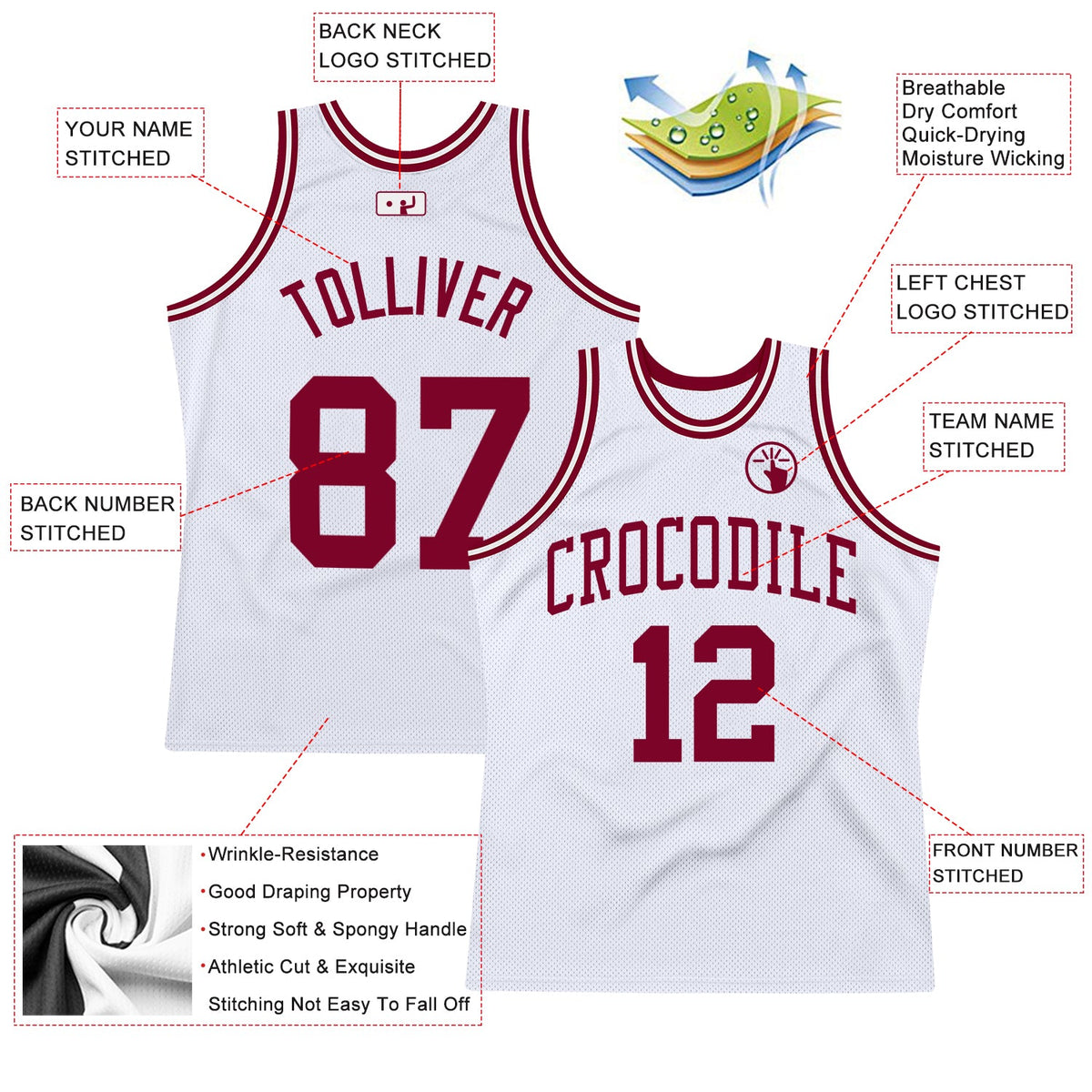 Custom White Maroon Authentic Throwback Basketball Jersey - Back