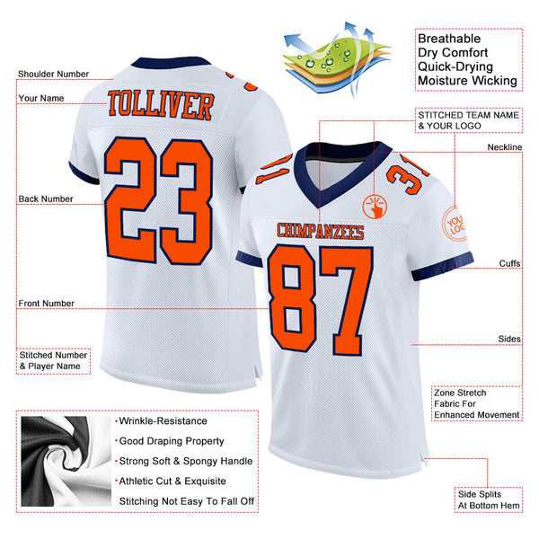 Custom White Orange-Navy Mesh Authentic Football Jersey alternate