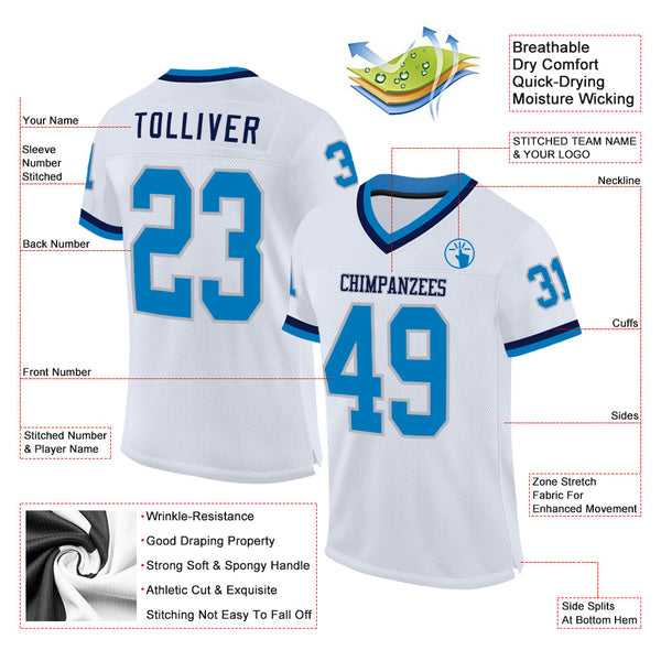 Custom White Blue Gray-Navy Mesh Authentic Throwback Football Jersey alternate