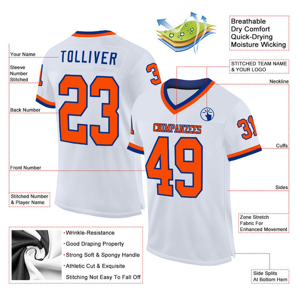 Custom White Orange-Royal Mesh Authentic Throwback Football Jersey alternate