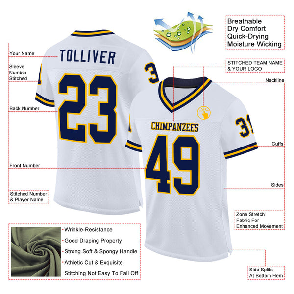 Custom White Navy-Gold Mesh Authentic Throwback Football Jersey alternate