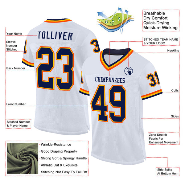 Custom White Navy Gold-Orange Mesh Authentic Throwback Football Jersey alternate