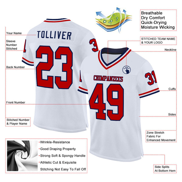 Custom White Red-Navy Mesh Authentic Throwback Football Jersey alternate