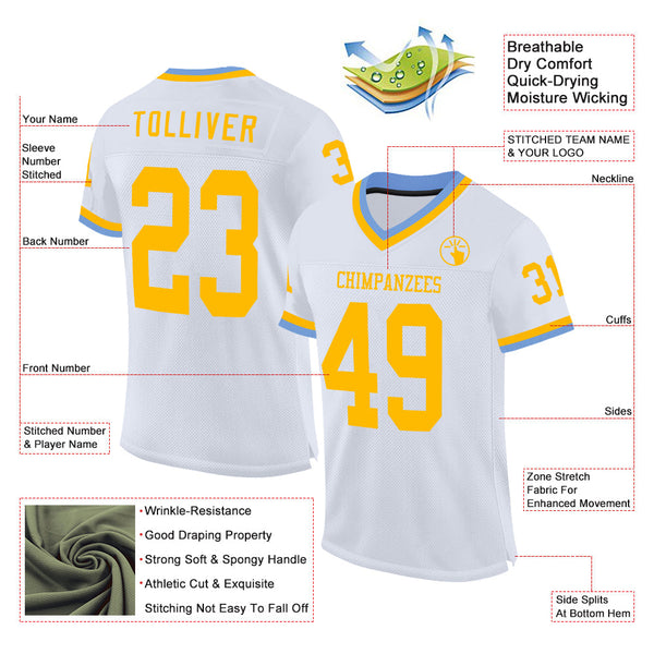 Custom White Gold-Light Blue Mesh Authentic Throwback Football Jersey alternate