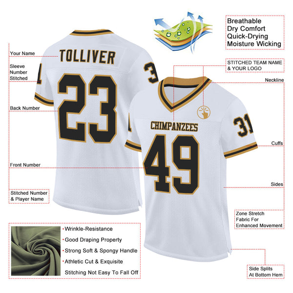 Custom White Black-Old Gold Mesh Authentic Throwback Football Jersey alternate