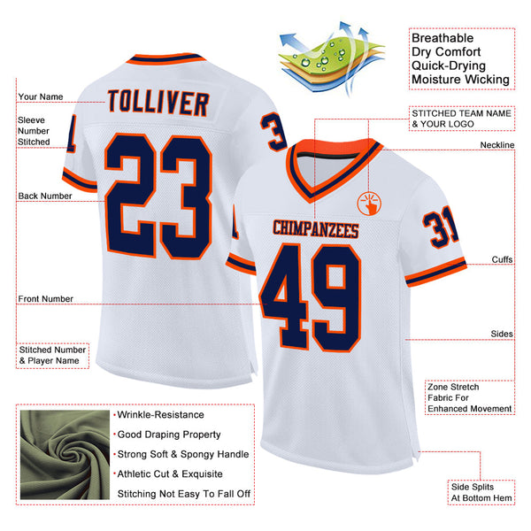 Custom White Navy-Orange Mesh Authentic Throwback Football Jersey alternate