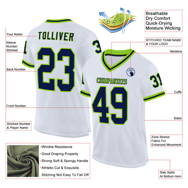 Custom White Navy-Neon Green Mesh Authentic Throwback Football Jersey alternate
