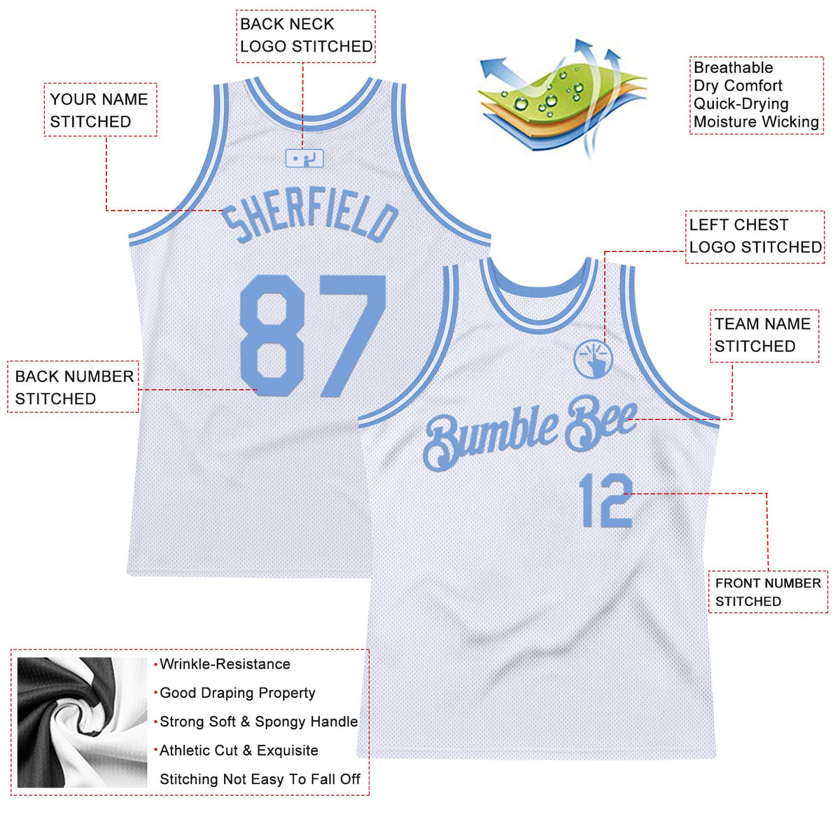 Custom White Light Blue Authentic Throwback Basketball Jersey - Back