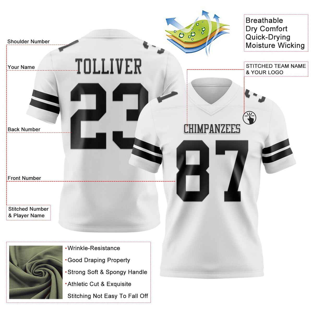 Custom White Black Authentic Football Jersey - Front