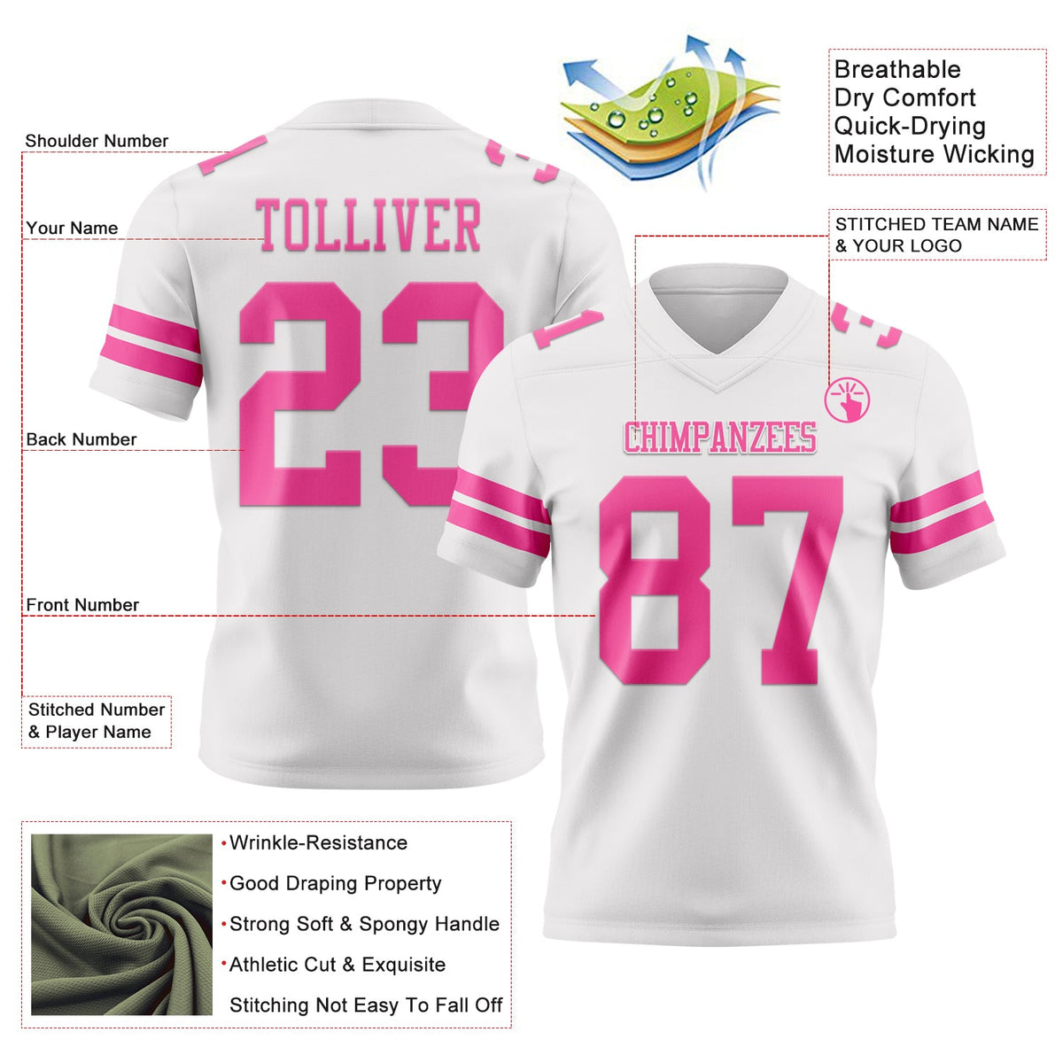 Custom White Pink Authentic Football Jersey - Front