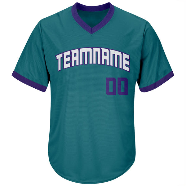Custom Aqua Purple-White Authentic Throwback Rib-Knit Baseball Jersey Shirt alternate
