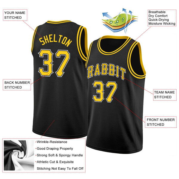 Custom Black Gold-White Round Neck Rib-Knit Basketball Jersey alternate