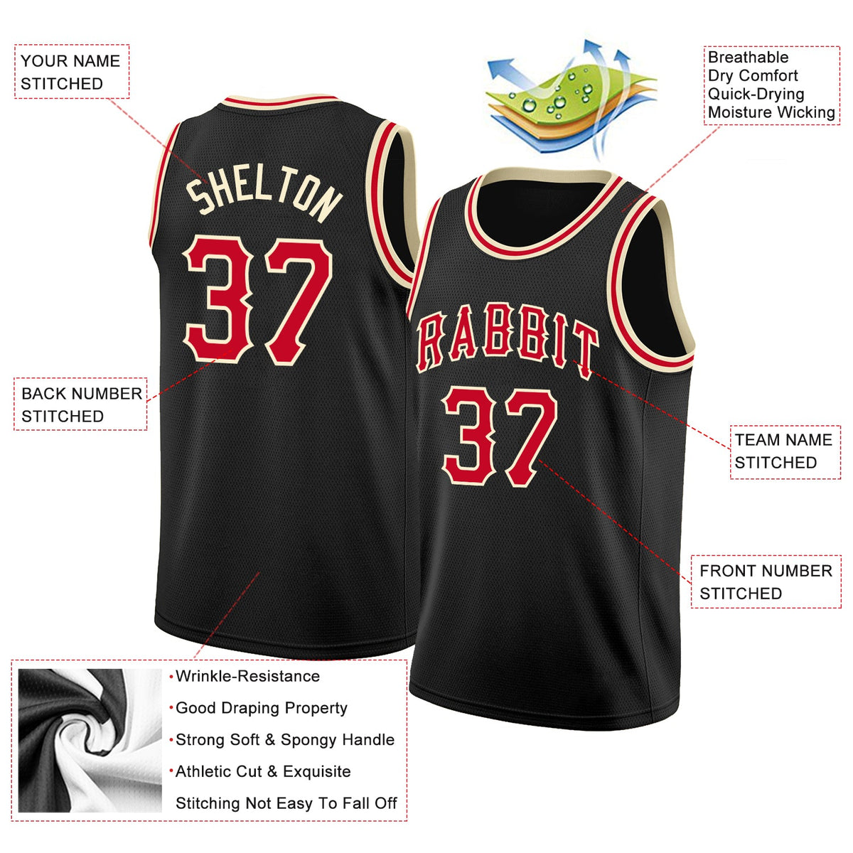 Custom Black Red-Cream Round Neck Rib-Knit Basketball Jersey - Back