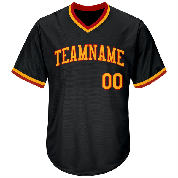 Custom Black Gold-Red Authentic Throwback Rib-Knit Baseball Jersey Shirt alternate