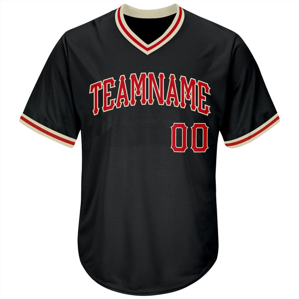 Custom Black Red-Cream Authentic Throwback Rib-Knit Baseball Jersey Shirt alternate