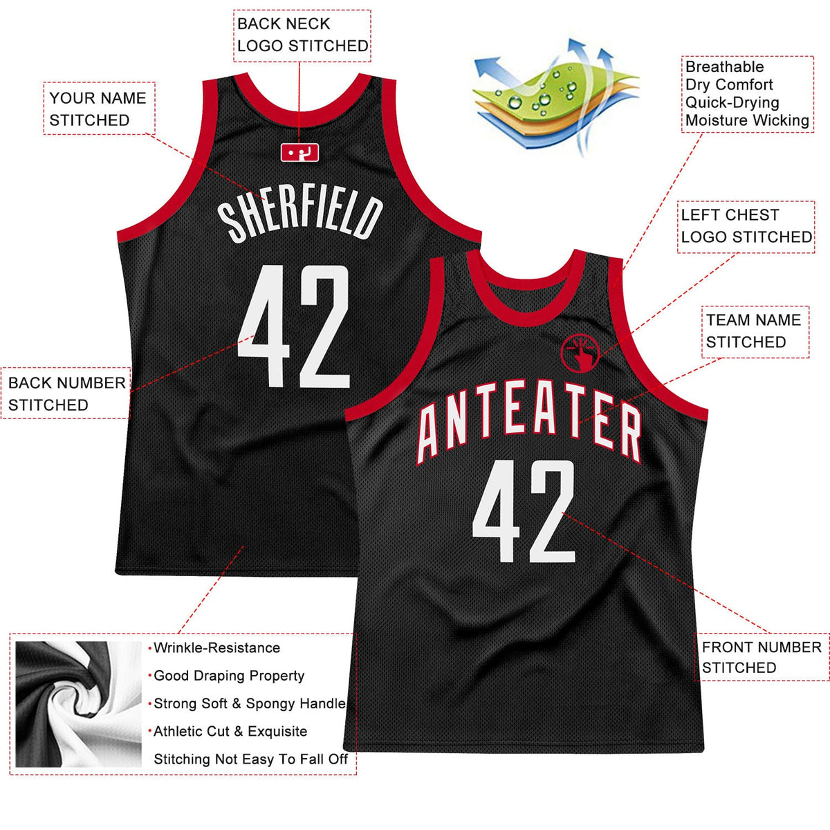 Custom Black White-Red Authentic Throwback Basketball Jersey - Back