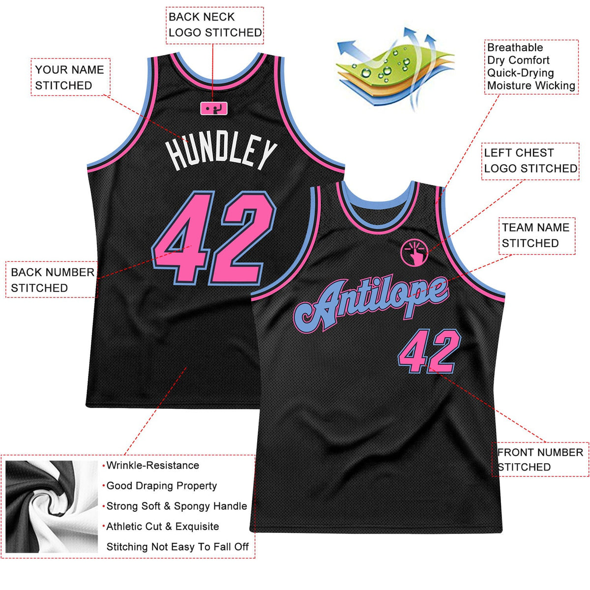 Custom Black Pink-Light Blue Authentic Throwback Basketball Jersey - Back
