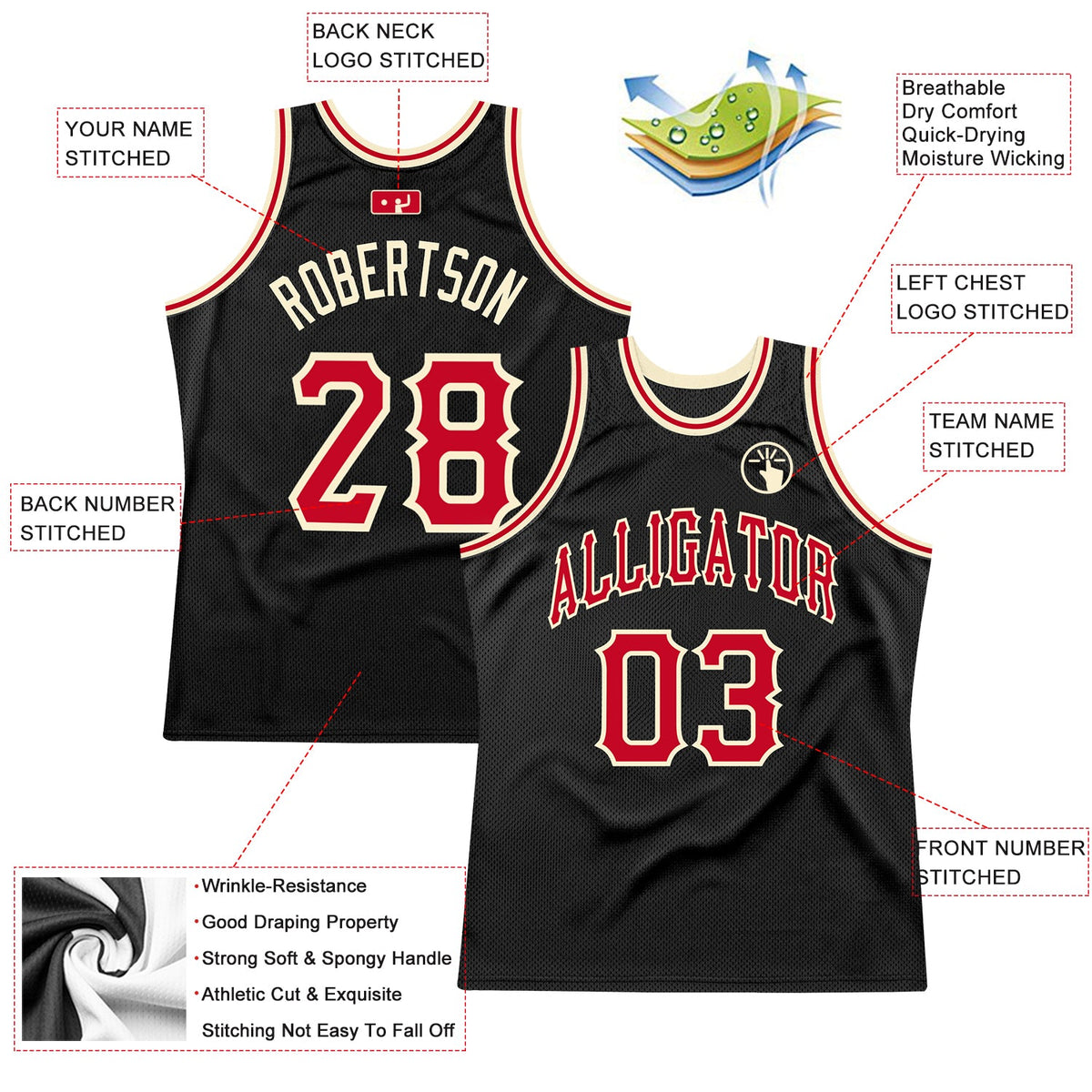 Custom Black Red-Cream Authentic Throwback Basketball Jersey - Back
