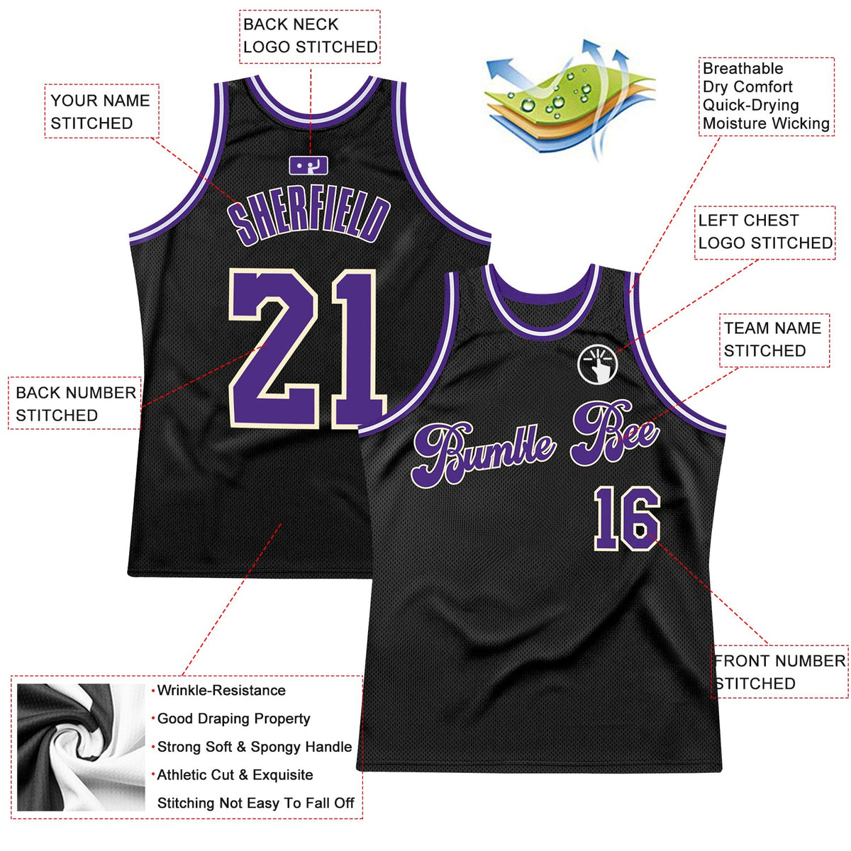 Custom Black Purple-Cream Authentic Throwback Basketball Jersey - Front