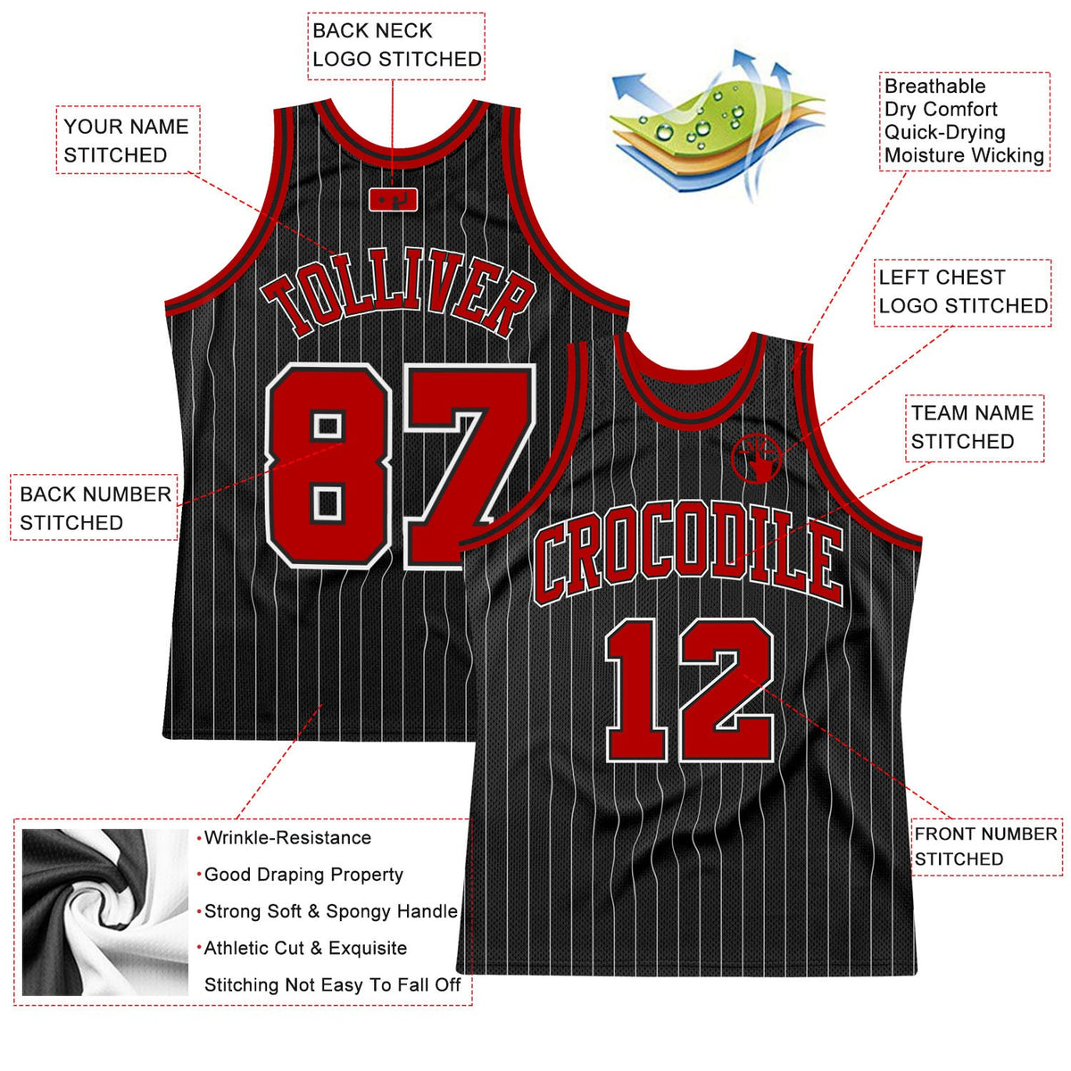Custom Black White Pinstripe Red-White Authentic Basketball Jersey - Back
