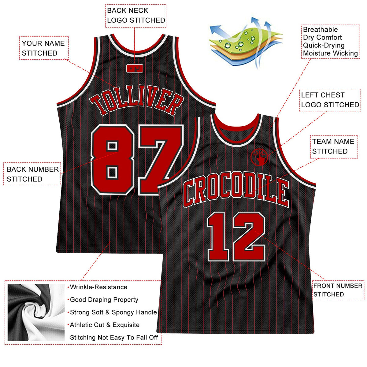 Custom Black Red Pinstripe Red-White Authentic Basketball Jersey - Front