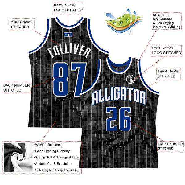 Custom Black White Pinstripe Royal-White Authentic Basketball Jersey alternate