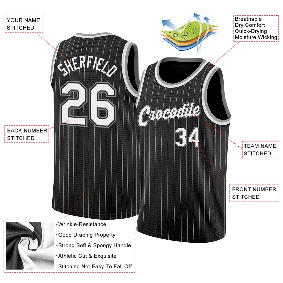Custom Black White Pinstripe White-Gray Authentic Basketball Jersey - Back