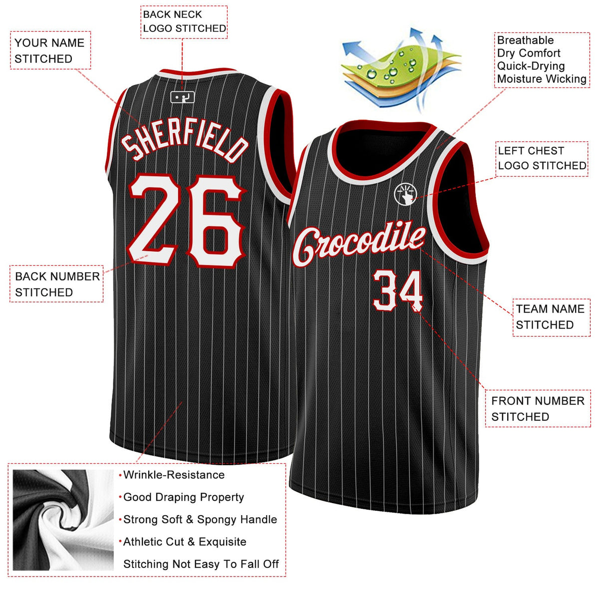 Custom Black White Pinstripe White-Red Authentic Basketball Jersey - Back