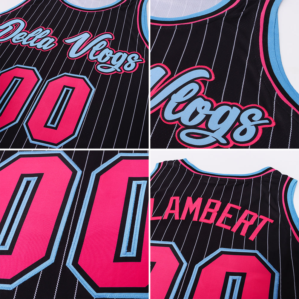 Custom Black White Pinstripe Pink-Light Blue Authentic Basketball Jersey - Back