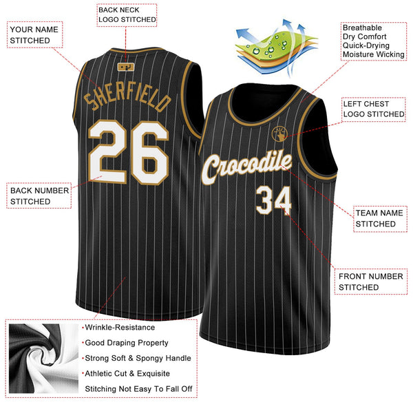 Custom Black White Pinstripe White-Old Gold Authentic Basketball Jersey alternate