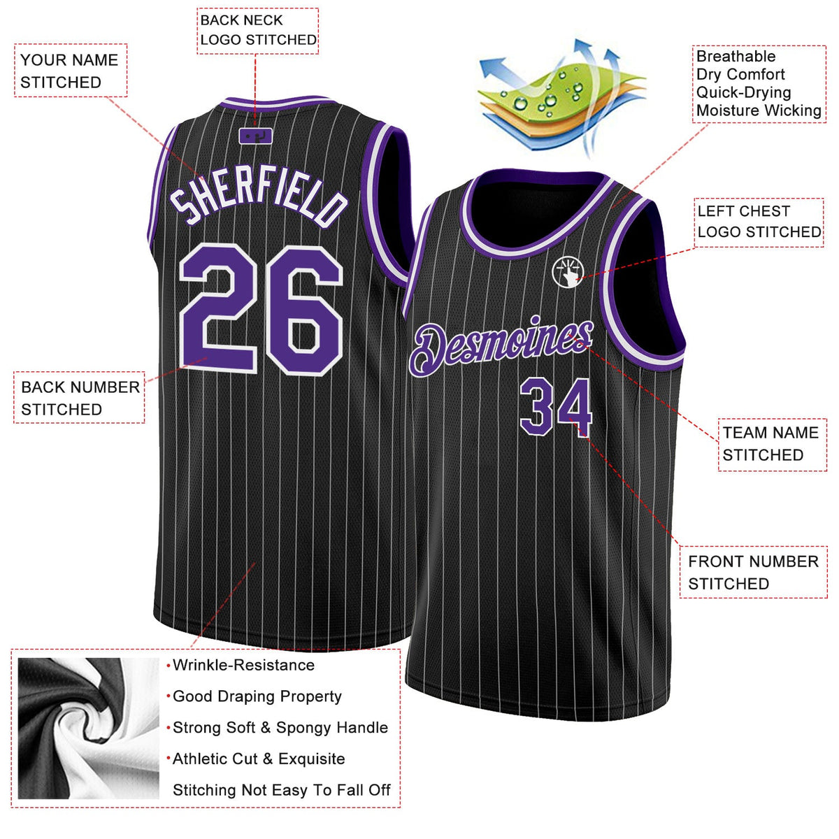 Custom Black White Pinstripe Purple-White Authentic Basketball Jersey - Front
