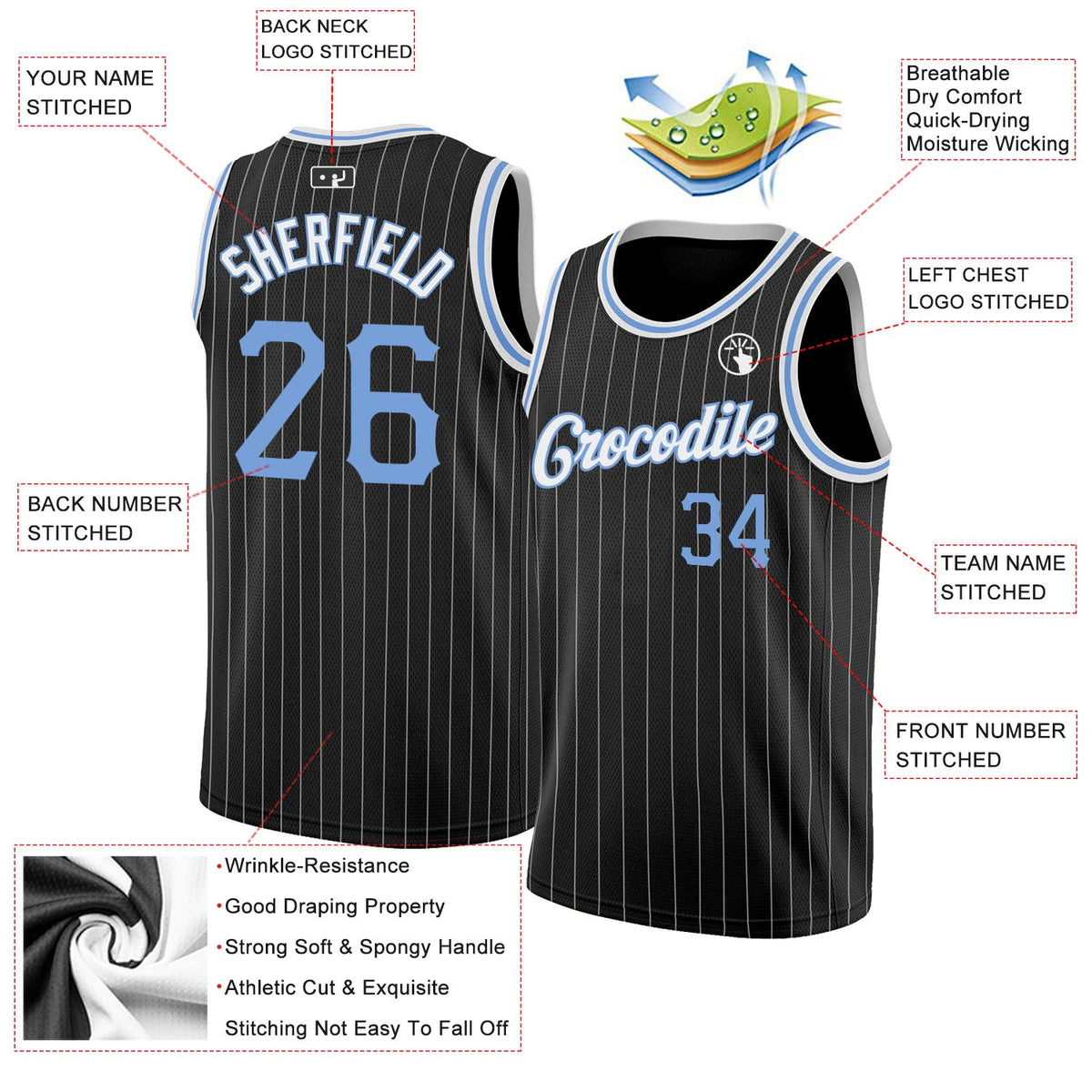 Custom Black White Pinstripe Light Blue-White Authentic Basketball Jersey - Back