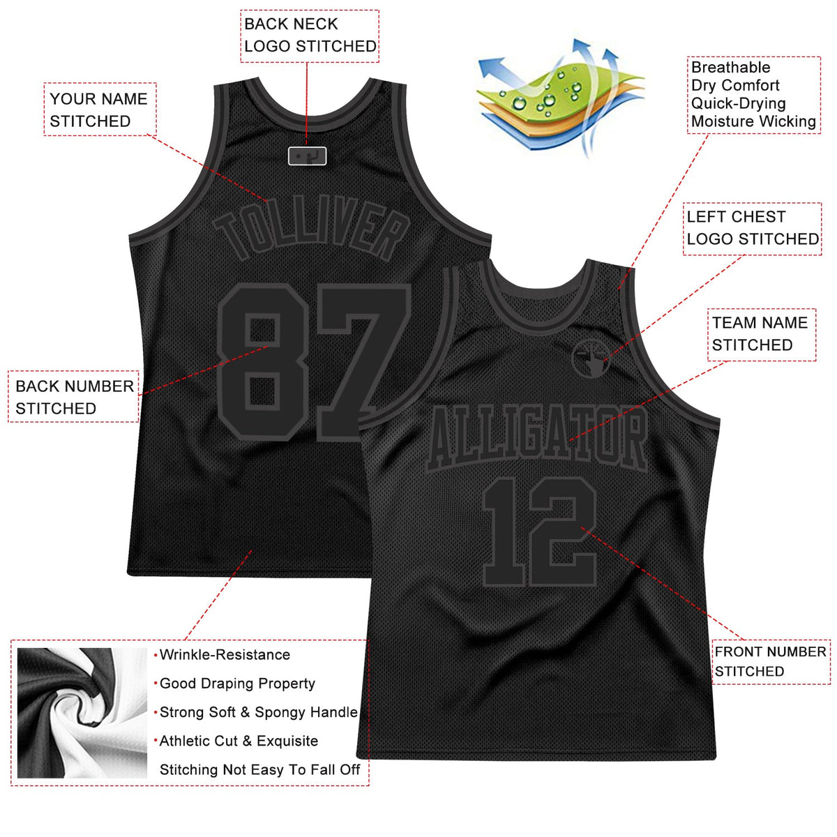 Custom Black Black-Steel Gray Authentic Throwback Basketball Jersey - Front