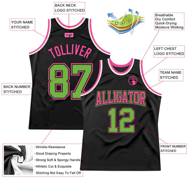 Custom Black Neon Green-Pink Authentic Throwback Basketball Jersey alternate
