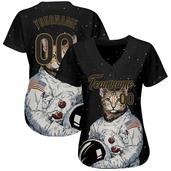Custom Black Black-Old Gold 3D Pattern Design Astronaut Authentic Baseball Jersey alternate