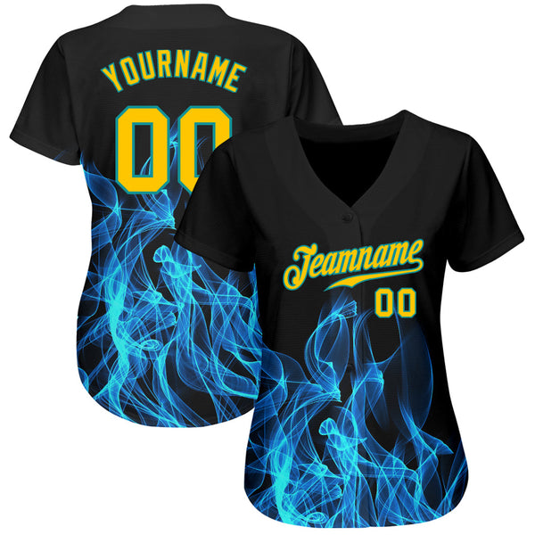 Custom Black Gold-Teal 3D Pattern Design Flame Authentic Baseball Jersey alternate