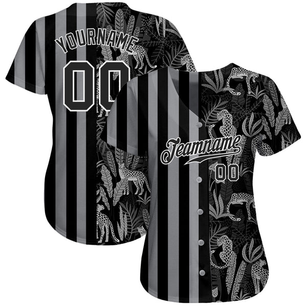 Custom Black Black-Gray 3D Pattern Design Leopards And Tropical Palm Leaves Authentic Baseball Jersey alternate