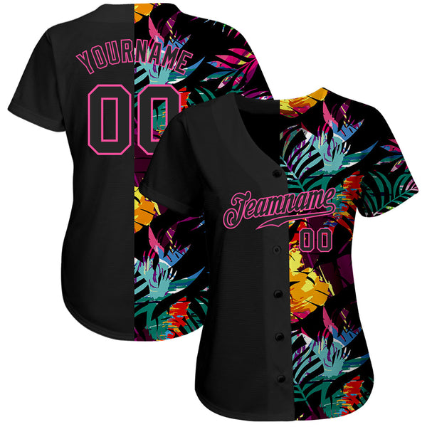 Custom Black Black-Pink 3D Pattern Design Tropical Palm Leaves Authentic Baseball Jersey alternate