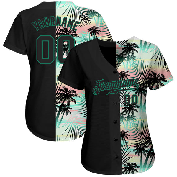 Custom Black Black-Kelly Green 3D Pattern Design Tropical Palm Leaves Authentic Baseball Jersey alternate