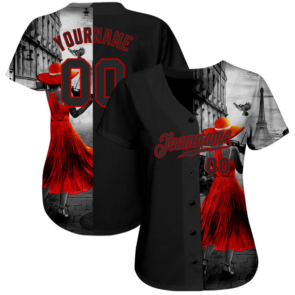 Custom Black Black-Red 3D Pattern Design A Girl With The Eiffel Tower Authentic Baseball Jersey alternate