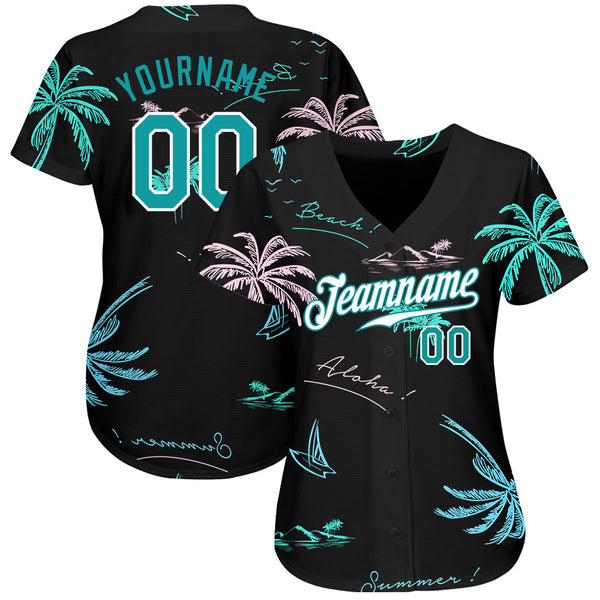 Custom Black Teal-White 3D Pattern Design Hawaii Palm Trees Authentic Baseball Jersey alternate