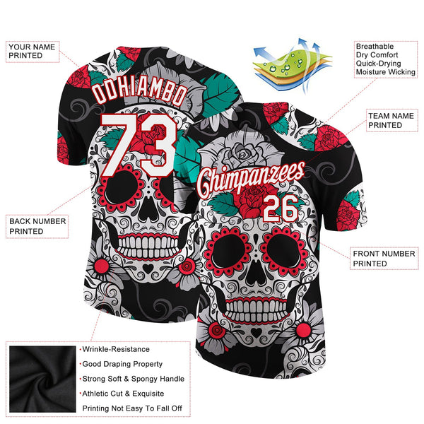 Custom Black White-Red 3D Skull Fashion Performance T-Shirt alternate