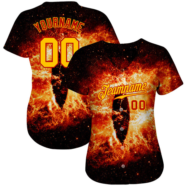 Custom Black Gold-Red 3D Pattern Design Burning Evil Eye In Space Authentic Baseball Jersey alternate