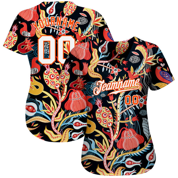 Custom Black White-Orange 3D Pattern Design Flowers Authentic Baseball Jersey alternate