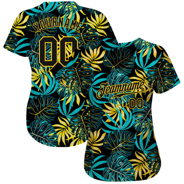 Custom Black Black-Gold 3D Pattern Design Tropical Palm Leaves Authentic Baseball Jersey alternate