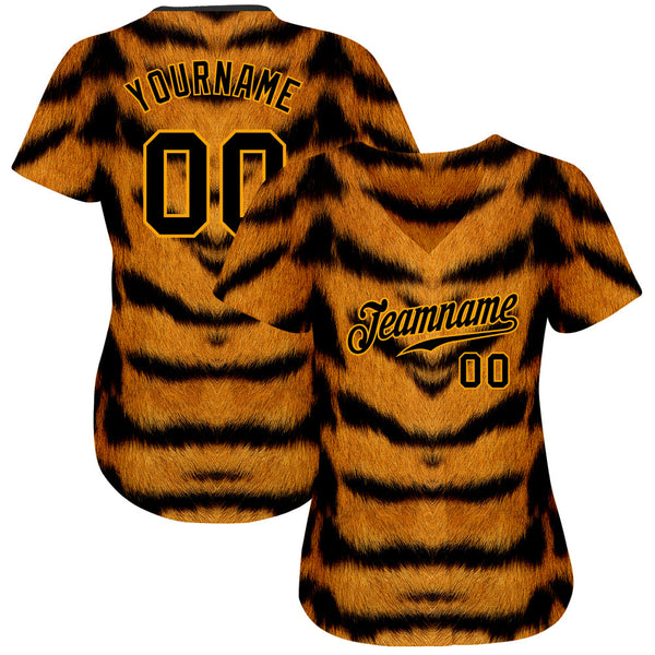 Custom Brown Black-Gold 3D Pattern Design Tiger Authentic Baseball Jersey alternate