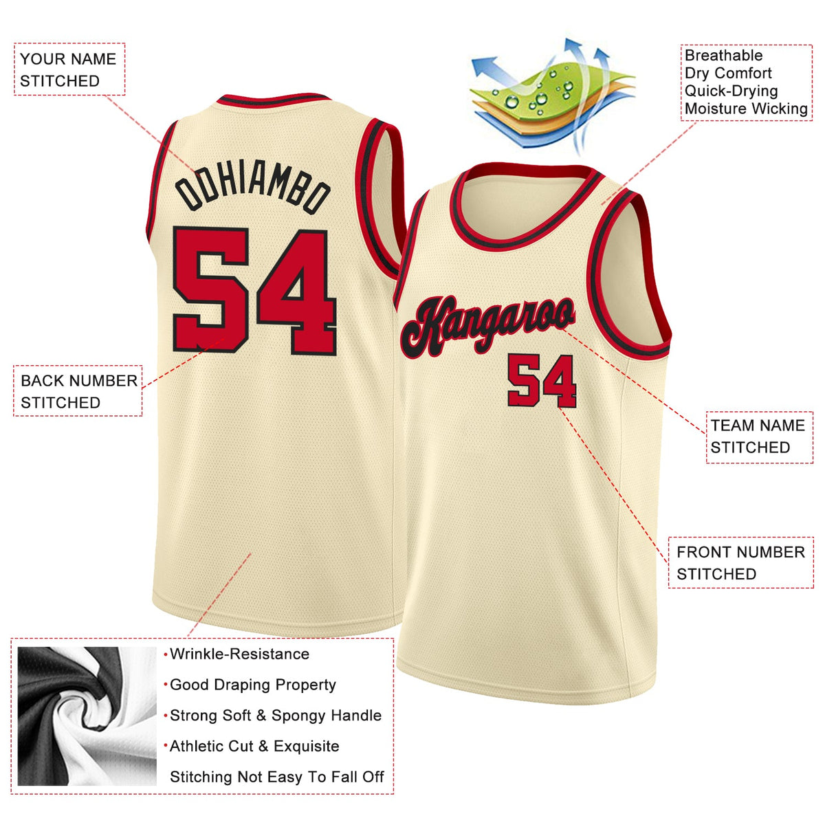 Custom Cream Red-Black Round Neck Rib-Knit Basketball Jersey - Front