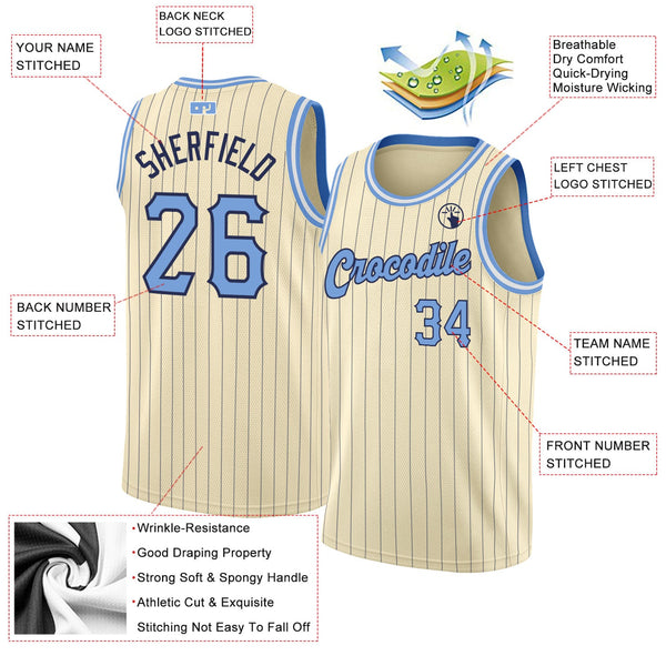 Custom Cream Navy Pinstripe Light Blue-Black Authentic Basketball Jersey alternate