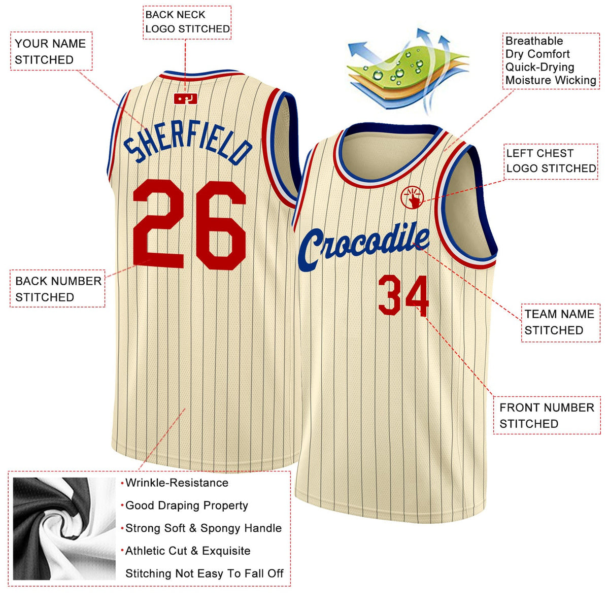Custom Cream Black Pinstripe Red-Royal Authentic Basketball Jersey - Back