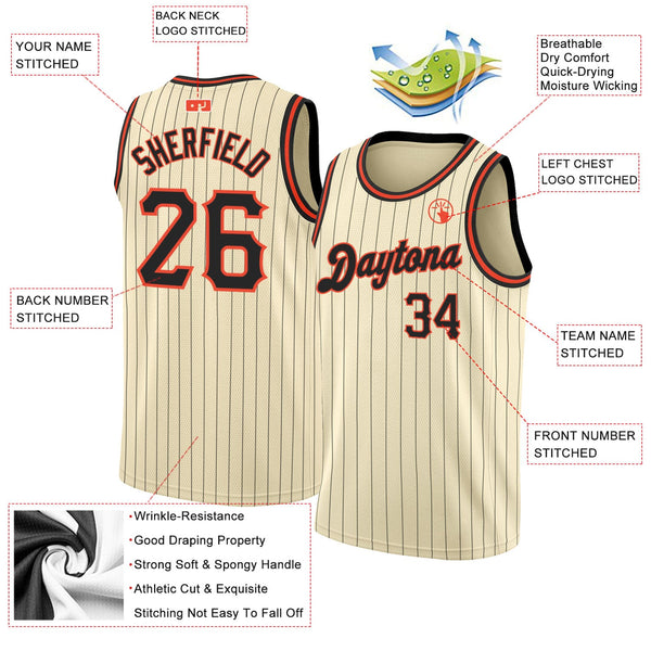 Custom Cream Black Pinstripe Black-Orange Authentic Basketball Jersey alternate